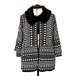 NWT Chico's Black & White Knit Cardigan Sweater Removable Faux Fur Collar XL